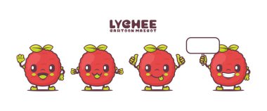 Farklı ifadeli Lychee çizgi film maskotu. meyve vektör illüstrasyonu.