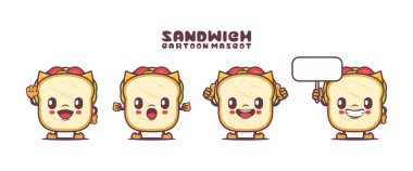 Farklı ifadeleri olan sandviç çizgi film maskotu. yiyecek vektörü çizimi.