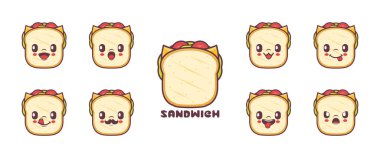 Sandviç çizgi filmi. Yemek vektör çizimi. simge, ifade.