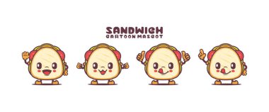 Farklı ifadeleri olan sandviç çizgi film maskotu. yiyecek vektörü çizimi.