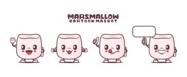 Değişik ifadeli marshmallow çizgi film maskotu. yiyecek vektörü çizimi.
