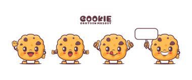 Farklı ifadeli kurabiye çizgi film maskotu. yiyecek vektörü çizimi.