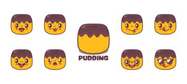 Puding çizgi filmi. Yemek vektör çizimi. simge, ifade.