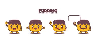 Puding çizgi film maskotu ve farklı ifadeler. yiyecek vektörü çizimi.