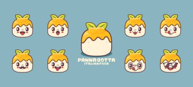 Panna cotta çizgi filmi. İtalyan yemek vektör illüstrasyonu. simge, ifade.