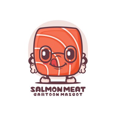 Somon eti ya da Japon saşimi çizgi film maskotu. Yemek vektör çizimi. beyaz arkaplanda izole edilmiş