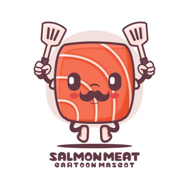 Somon eti ya da Japon saşimi çizgi film maskotu. Yemek vektör çizimi. beyaz arkaplanda izole edilmiş