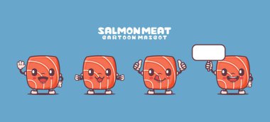 Somon eti ya da Japon saşimi çizgi film maskotu. Yemek vektör çizimi. farklı ifadelerle.