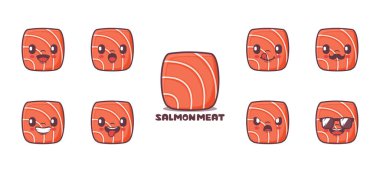 Somon eti ya da Japon saşimi çizgi filmi. Yemek vektör çizimi. simge, ifade.