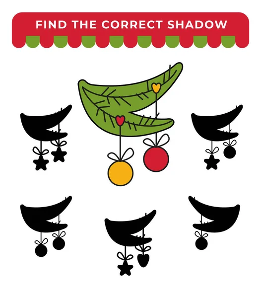圣诞节的树枝和玩具 找到正确的影子 儿童教育游戏 — 图库矢量图片