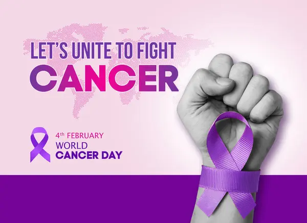 Dünya Kanser Günü. Açık pembe bir arka planı var. Mor Gradyan Kurdele Çizimi. 4 Şubat 'ta Dünya Kanser Günü' nü kutlayın. Afişler, posterler, sosyal medya vs. için uygun