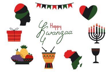 Cartoon style Kwanzaa celebration set. A collection of traditional African elements. Icons for banners, posters, flyers, prints. Isolated on white. clipart