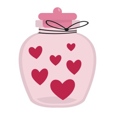 Kalplerle dolu şirin çizgi film tarzı kavanoz. Sevgililer Günü kutlaması. Aşk konsepti. Poster, afiş, el ilanı, tebrik kartı ve çıkartmalar için tasarım öğesi. Beyazda izole edilmiş.