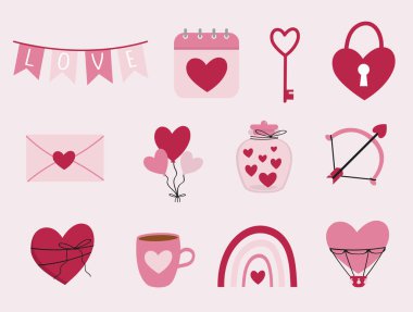 Cute cartoon style Valentines Day set of elements. Perfect for banners, greeting cards, tags, invitations, stickers, clothing prints. Doodle 14 february icon collection.