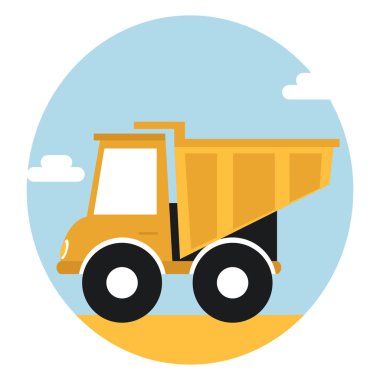 Cute yellow cartoon style mining dump truck. Construction machine. Stone transportation.