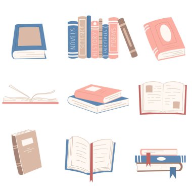 Bir dizi şirin çizgi film stile kitabı. Bir grup edebiyat, şiir, ansiklopedi, romanlar, günlük, ajanda, günlük ve ders kitapları. Beyaz vektör çizimlerinde izole edilmiş.