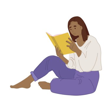 Siyahi bir kadının okuduğu bir resim. Eğitim konsepti. Beyazda izole edilmiş.