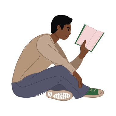 Kitap okuyan esmer bir adamın çizimi. Oturup ders çalışan biri. Siyah okuyucu. Beyazda izole edilmiş.