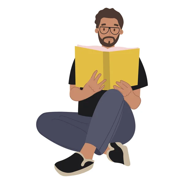 Kitap okuyan, gözlüklü, modern sakallı bir adam. Sınava hazırlanan bir öğrenci. Kitap aşığı kavramı. Beyaz vektör illüstrasyonunda izole edilmiş. Senaryo okuyan aktör.