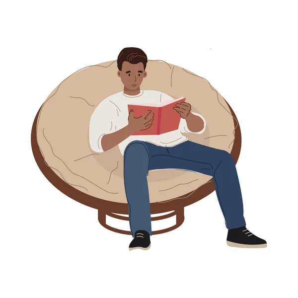 Muž Sedící Pohodlném Křesle Držící Knihu Osoba Čtoucí Roztomilý Kreslený — Stockový vektor
