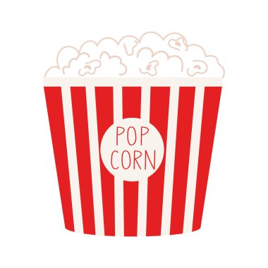 Çizgi film tarzı büyük bir kase patlamış mısır. Kırmızı ve beyaz çizgili kağıt paketler. Beyazda izole edilmiş. Düz tasarım sinema simgesi.
