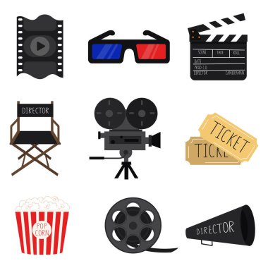 Güzel karikatür tarzı film yapma ekipmanı seti. Sinema, sinema ve televizyon tasarım unsurları. Kamera, film makarası, film makarası, patlamış mısır kovası, 3D gözlükler, yönetmen koltuğu, megafon..