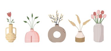 Çiçek vazolarından oluşan şirin bir karikatür seti. Modern seramik kaplarda bahar çiçekleri. Beyazda izole edilmiş.