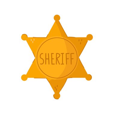 Güzel çizgi film tarzı altın şerif rozeti. Altıgen yıldız ikonu. Vahşi Batı kavramı.