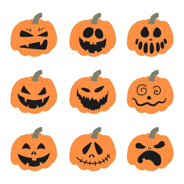 Uppsättning Halloweenpumpor Med Läskiga Ansikten Isolerad Vitt — Stock vektor