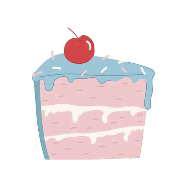 Slice Cake Red Cherry Top Happy Birthday Greeting Card Print — Stock Vector