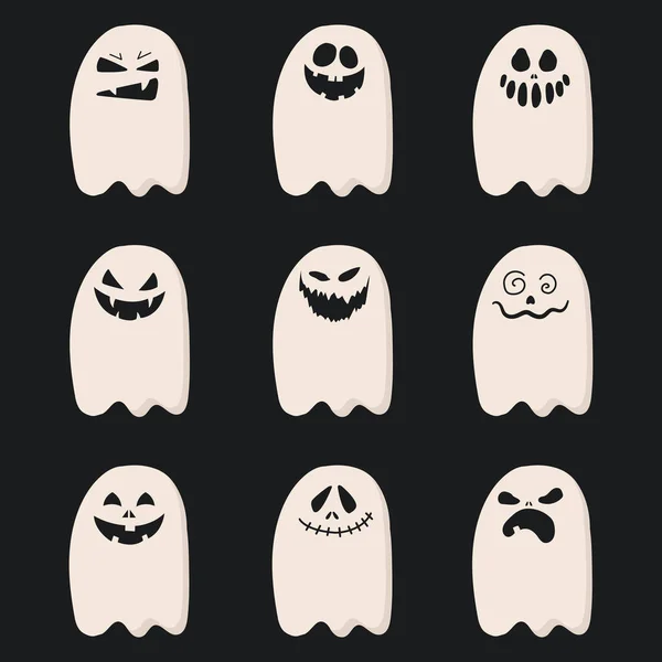 Set Cute Halloween Ghosts Cartoon Style Phantoms Spooky Face Expression — Stock Vector