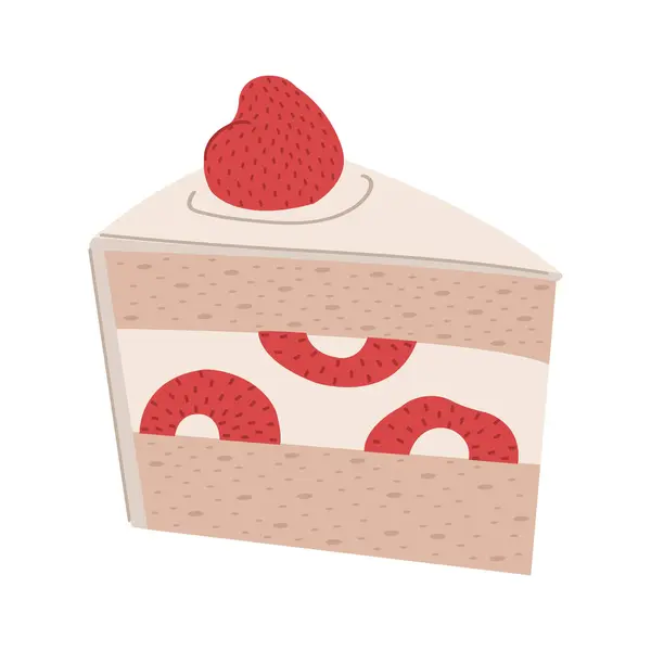 Ένα Γλυκό Κομμάτι Κέικ Φράουλα Τσίζκεϊκ Γενεθλίων Στυλ Καρτούν Απομονωμένα — Διανυσματικό Αρχείο