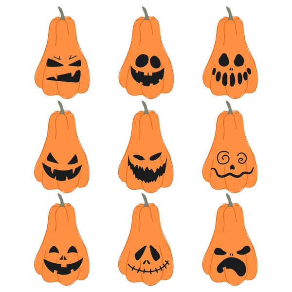 Conjunto Estilo Dos Desenhos Animados Halloween Abóboras Assustadoras Outono Decoração —  Vetores de Stock