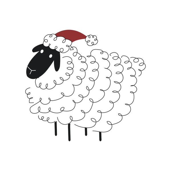 Bonita Oveja Navidad Con Sombrero Rojo Doodle Animal Año Nuevo — Archivo Imágenes Vectoriales