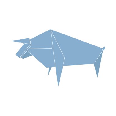 Şirin mavi origami kağıt bufalo. Katlanmış Japon figürü. Beyazda izole edilmiş.