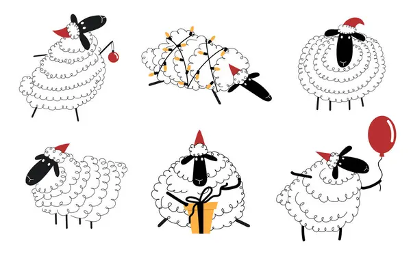 Conjunto Ovelhas Doodle Bonito Comemorando Natal Personagens Inverno Isolado Branco —  Vetores de Stock