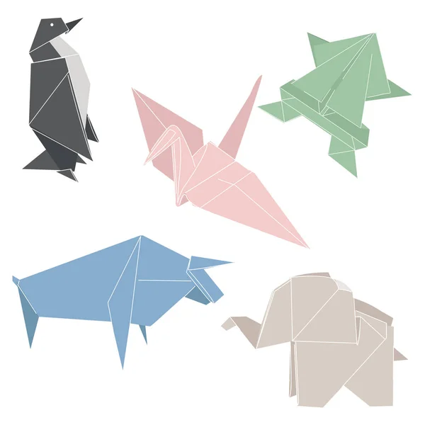 Roztomilá Sada Origami Zvířat Japonská Skládaná Papírová Figurka Tučňák Jeřáb — Stockový vektor