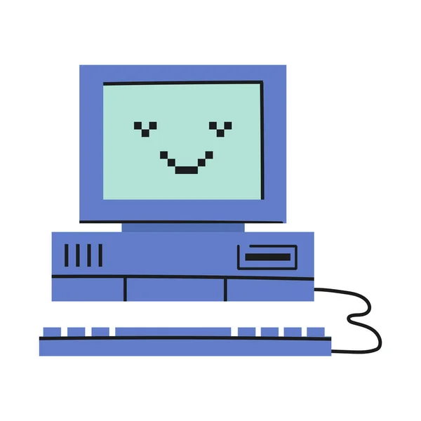 かわいい落書き 90S レトロ オフィスのコンピュータ ヴィンテージモニターとキーボード 白に隔離される — ストックベクタ