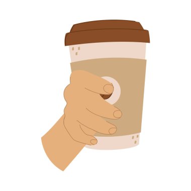 Çizgi film stili bir elin bir fincan kahve eşliğinde çizimi. Elinde sıcak bir içecek tutan biri. Düz vektör çizimi. Beyazda izole edilmiş.