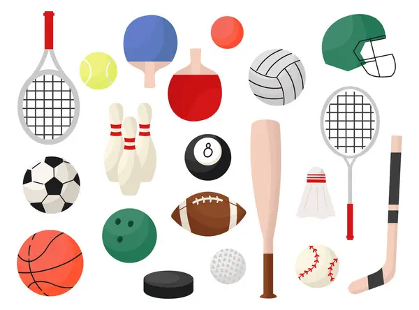 Eine Reihe Von Flachen Sportgeräten Cartoon Stil Sportausrüstung Baseball Basketball — Stockvektor