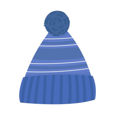 Şirin mavi kış örgü şapkası. Çizgi film tarzı sıcak yün başlık. Beyazda izole edilmiş.