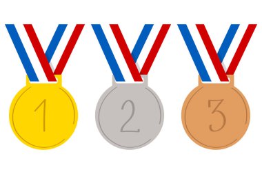 Altın, gümüş ve bronz olimpiyat madalyaları. Spor maçı ödülü. Beyazda izole edilmiş.