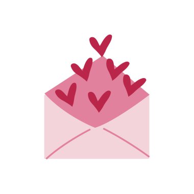 İçinden kalpler fışkıran sevimli pembe bir zarf. Sevgililer Günü tasarım elementi. Beyazda izole edilmiş.