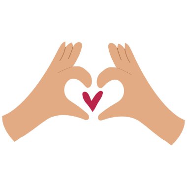 Aşk işareti ve kırmızı kalp gösteren iki elin karalama çizimi. Sevgililer Günü elementi. Beyazda izole edilmiş.