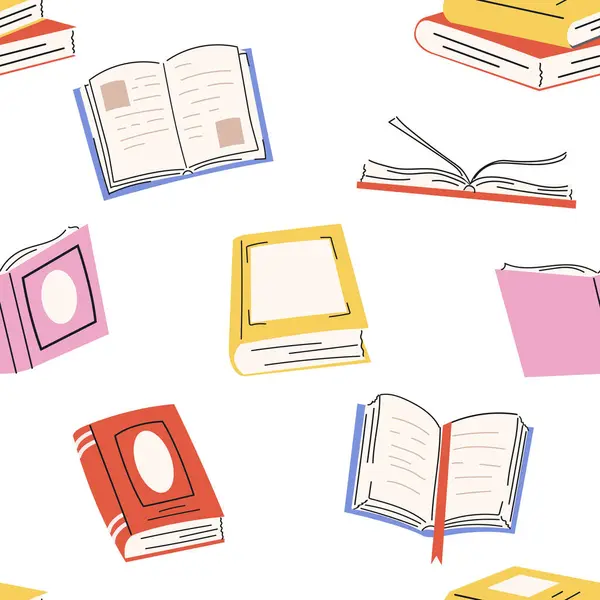 Çizgi film stili çok renkli kitaplarla kusursuz desen. Okul, kütüphane ve kitapçı için tekrarlanan baskılar. Duvar kağıdı, hediye paketi, ambalaj, kumaş şablonu.
