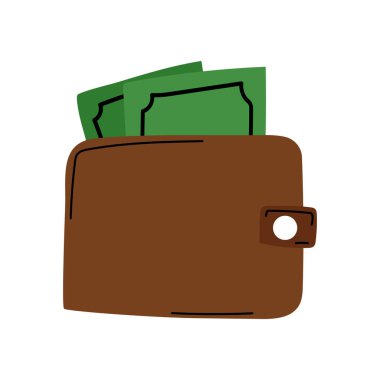 Paralı kahverengi cüzdanın çizgi film stili çizimi. Düz vektör beyazda izole edildi.