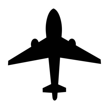 Basit bir siyah uçak silueti. Ticari uçuş ikonu. Beyazda izole edilmiş