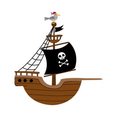 Bir korsan gemisinin şirin bir temsili. Siyah yelkenli ahşap bir tekne. Beyazda izole edilmiş.