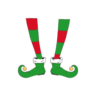 Komik Noel elf bacakları. Kırmızı ve yeşil çoraplar ve sarı zilli ayakkabılar giyen Noel Baba yardımcısının bir çizimi. Beyazda izole edilmiş.