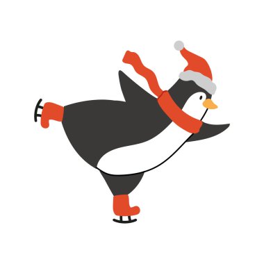 Şirin bir penguen buz pateni gösterimi. Kırmızı şapka ve eşarp takan sevimli bir Noel hayvanı. Artistik patinaj dersi. Beyazda izole edilmiş.